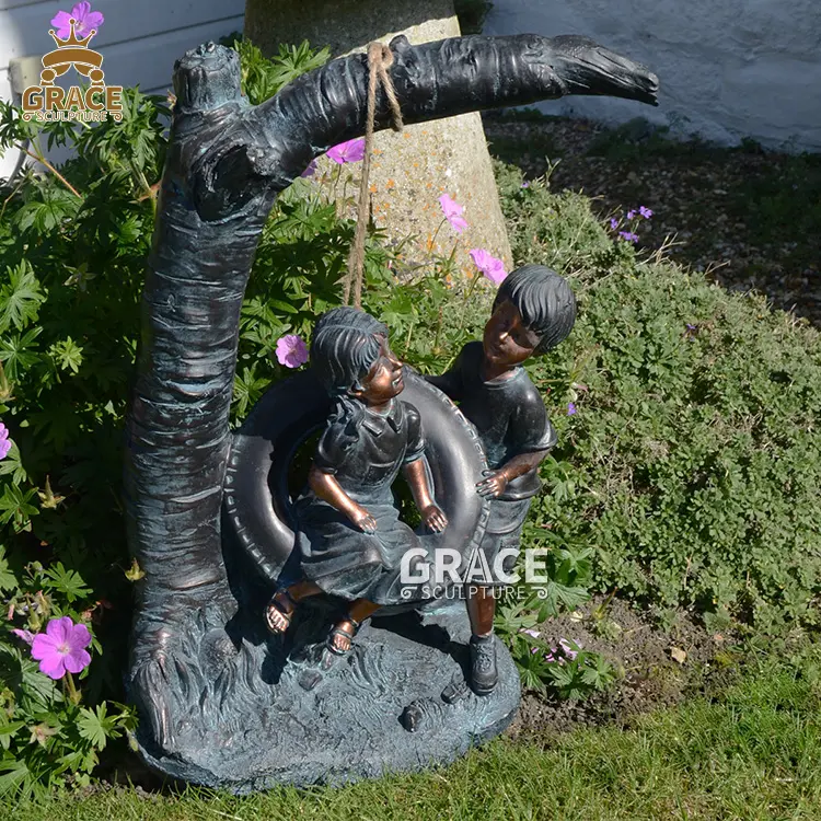 आधुनिक मूर्तिकला कांस्य 2 खेल रहे बच्चों के तहत पेड़ प्रतिमा