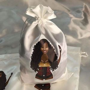 Custom Logo Satin Drawstring <b>Bags</b> with Black Rope Handle for Hair Extensions and Wigs Bundles Stylish Shopping Packaging - Product Image 3