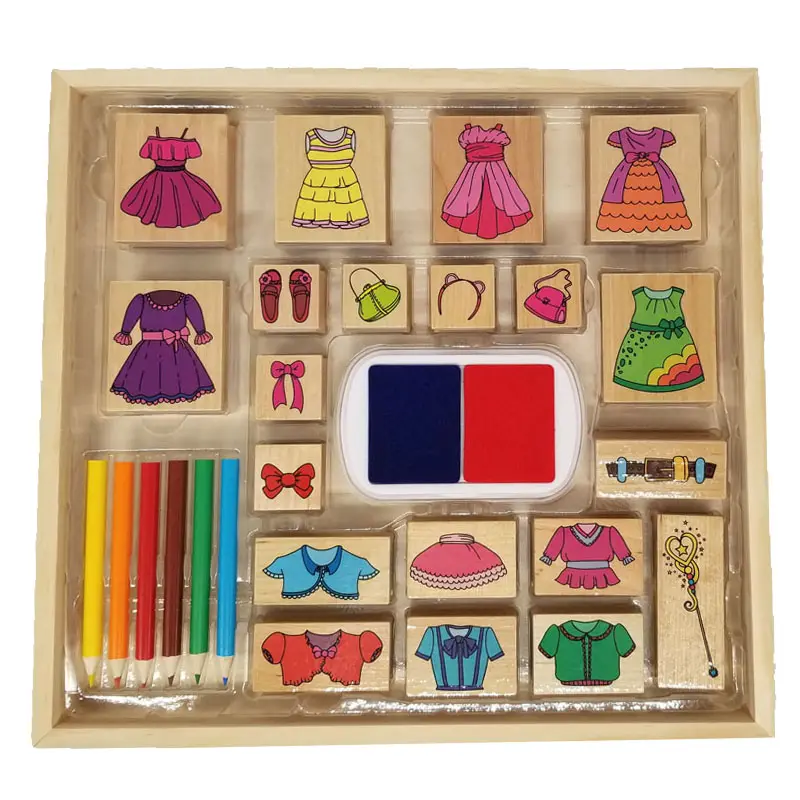 KJWD2011010 custom non toxic wooden craft kids toy rubber stamp with ink pad kit OEM wooden rubber stamp set