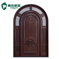 Porte d'entrée principale de villa de luxe sur mesure, en bois massif, à arche, sculptée à la main, ornée, avec inserts en verre décoratifs