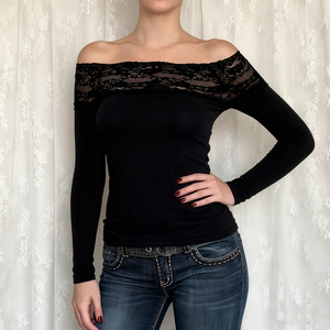 Camiseta de Manga Larga con Hombros Descubiertos y Parches de Encaje para Mujer, Ajustada, Elástica, Estilo Sexy, Color Sólido, Básica y Moderna - Product Image 5