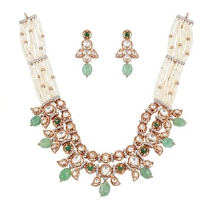 925 <b>Silver</b> Necklace Set for Women Traditional Indian Jewelry Green White Beads Kundan Work Earrings Set - Product Image 1