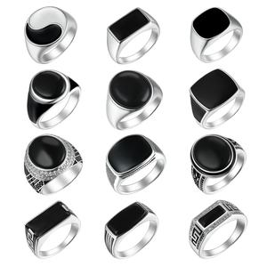 Bague géométrique carrée en argent et agate noire classique pour homme, vente en gros personnalisée, pour mariage, fête, anniversaire - Product Image 2