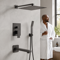 Ensemble de douche en laiton noir mat avec pommeau de pluie carré, douchette à main et bec de baignoire pour salle de bain