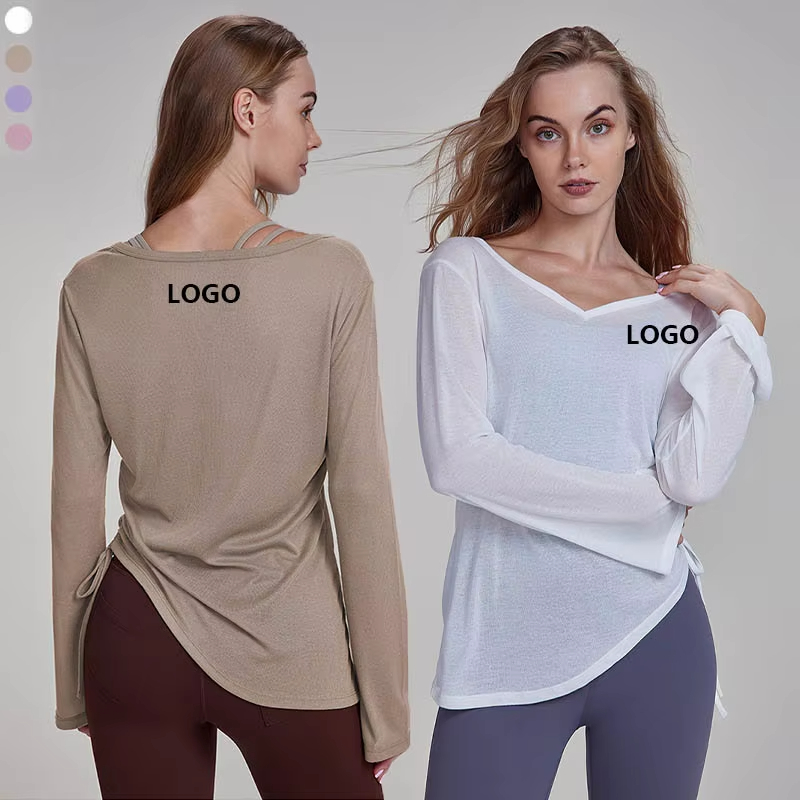 Manufacturer Hot Sell Long Sleeve Sports Top Side Drawstring Gym Fitness Sportswear Loose Custom Strength Training Yoga Top