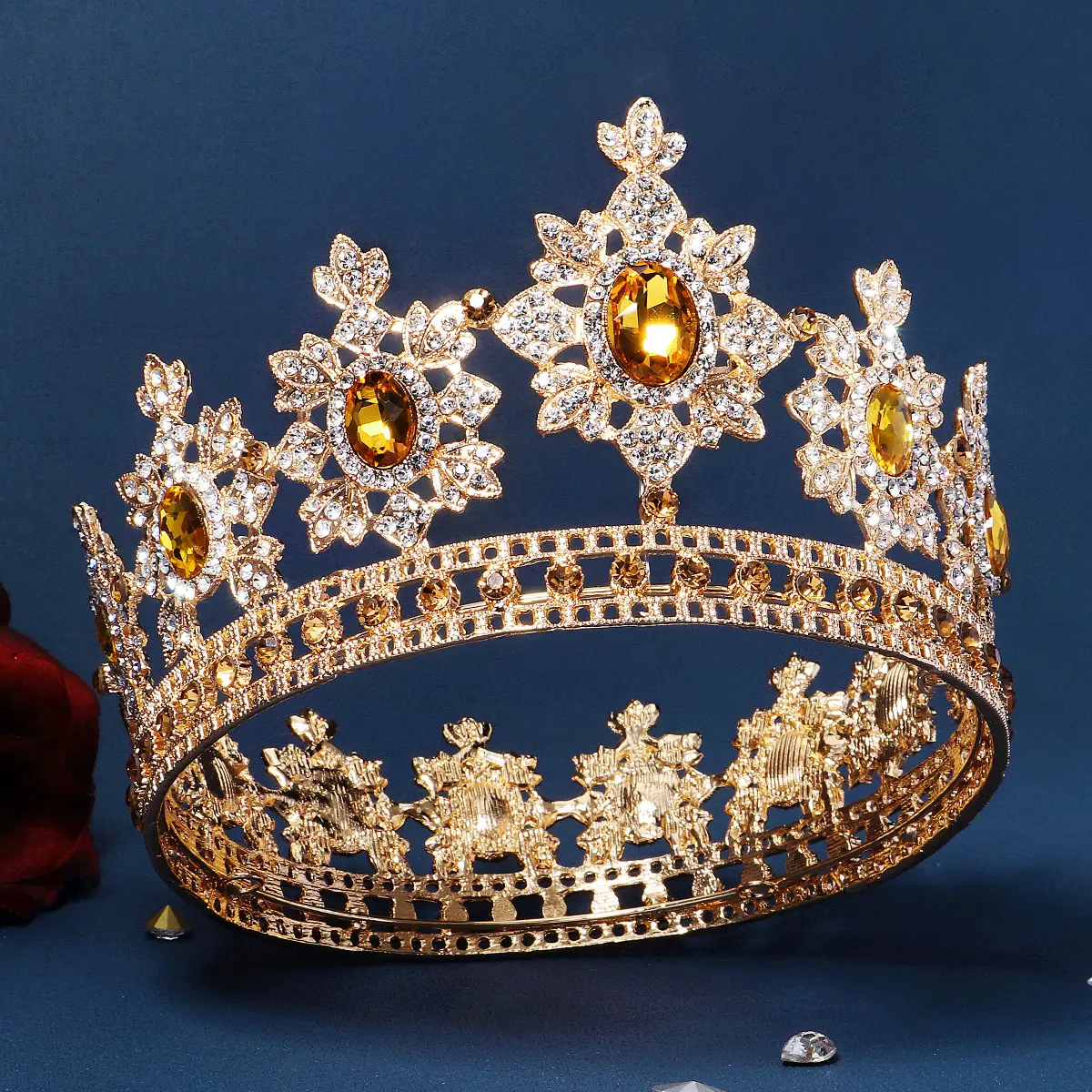 Mahkota Raja Besar Bulat Antik Mahkota Pesta Halloween Cosplay Besar Berlian Imitasi Tinggi Tiara Mahkota Wanita Pria