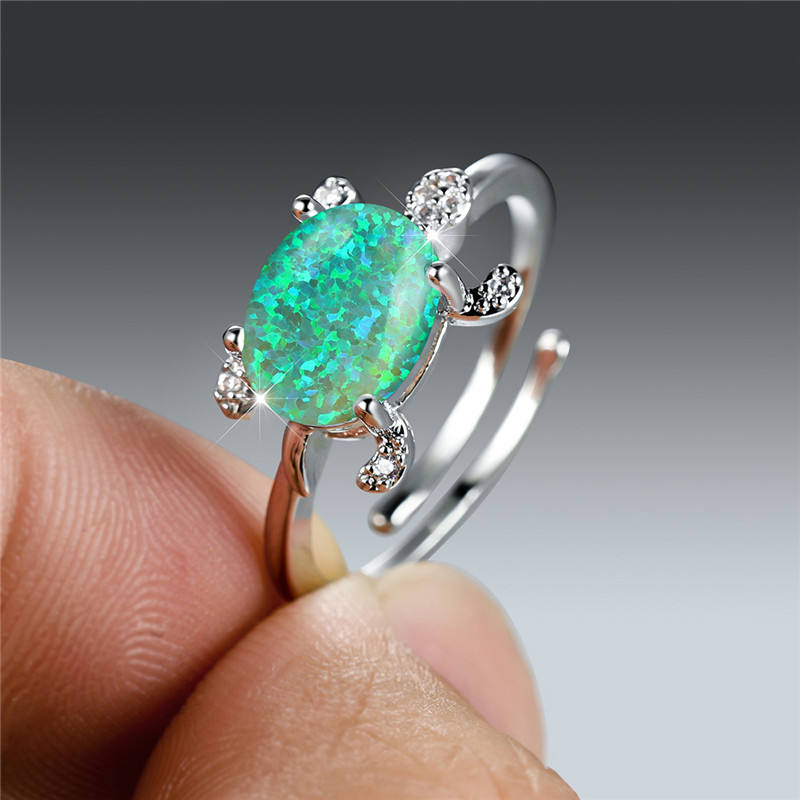 Rainbow Fire Opal Sea Turtle Ring Multicolor Zircon Oval Stone Open  Adjustable Ring Classic Silver Color Wedding Rings for Women