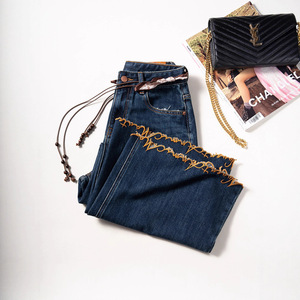 Jeans Anchos de <span class=keywords><strong>Mujer</strong></span> Huanqiu, Color Azul Oscuro, Lavado, con Dobladillo Bordado y Deshilachado, Cintura Alta - Product Image 2