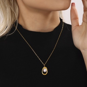 Women's Stainless Steel 18K PVD <b>Gold</b> Plated <b>Pearl</b> <b>Necklace</b> Horseshoe Design with Classic Claw Setting Trendy Style - Product Image 3