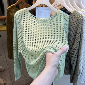 Nouveau haut décontracté pour <span class=keywords><strong>femme</strong></span>, style européen, en maille fine, protection solaire, manches longues, tricoté ajouré, pour l'été - Product Image 4