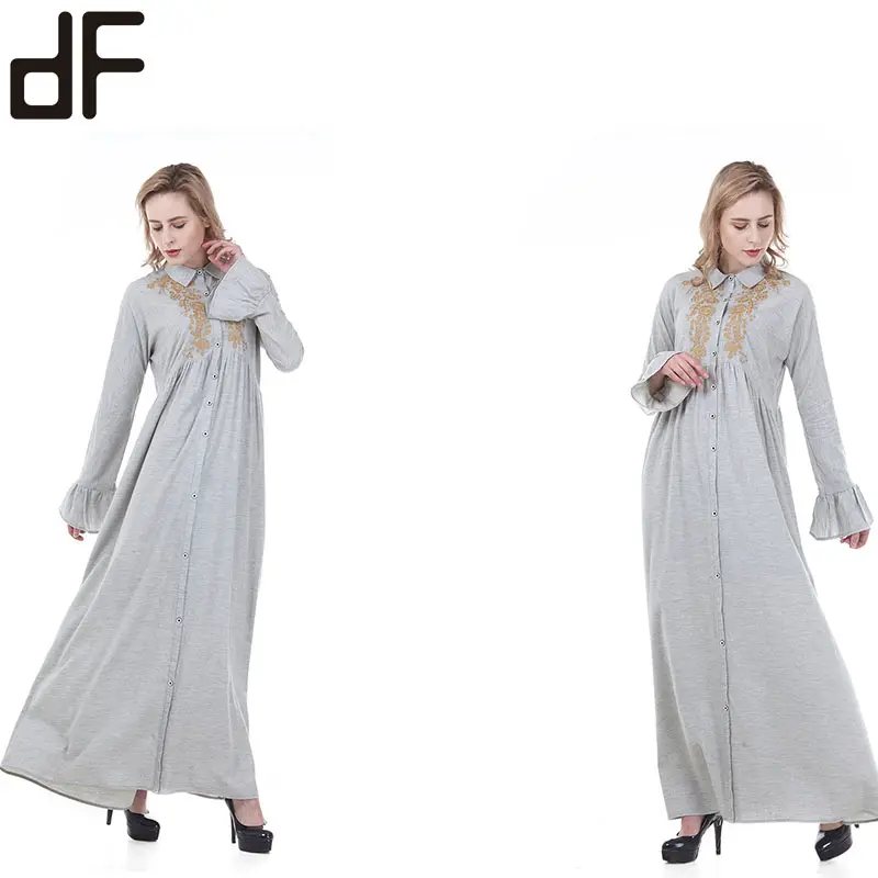 OEM kustom Abaya Muslim 2023 kualitas Dubai Abaya eksportir Linen Solid abu-abu renda bordir gaun malam Turki untuk wanita