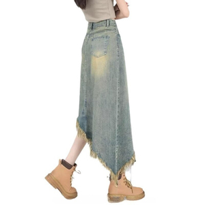 <span class=keywords><strong>Falda</strong></span> vaquera asimétrica <span class=keywords><strong>de</strong></span> mezclilla con borde irregular y flecos, estilo vintage, con abertura alta, para mujer - Product Image 4