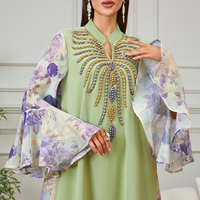 Abaya élégante à imprimé floral perlée à la main, manches évasées, col en V, kaftan musulman modeste, robe longue jusqu'aux chevilles pour le Ramadan et l'Aïd