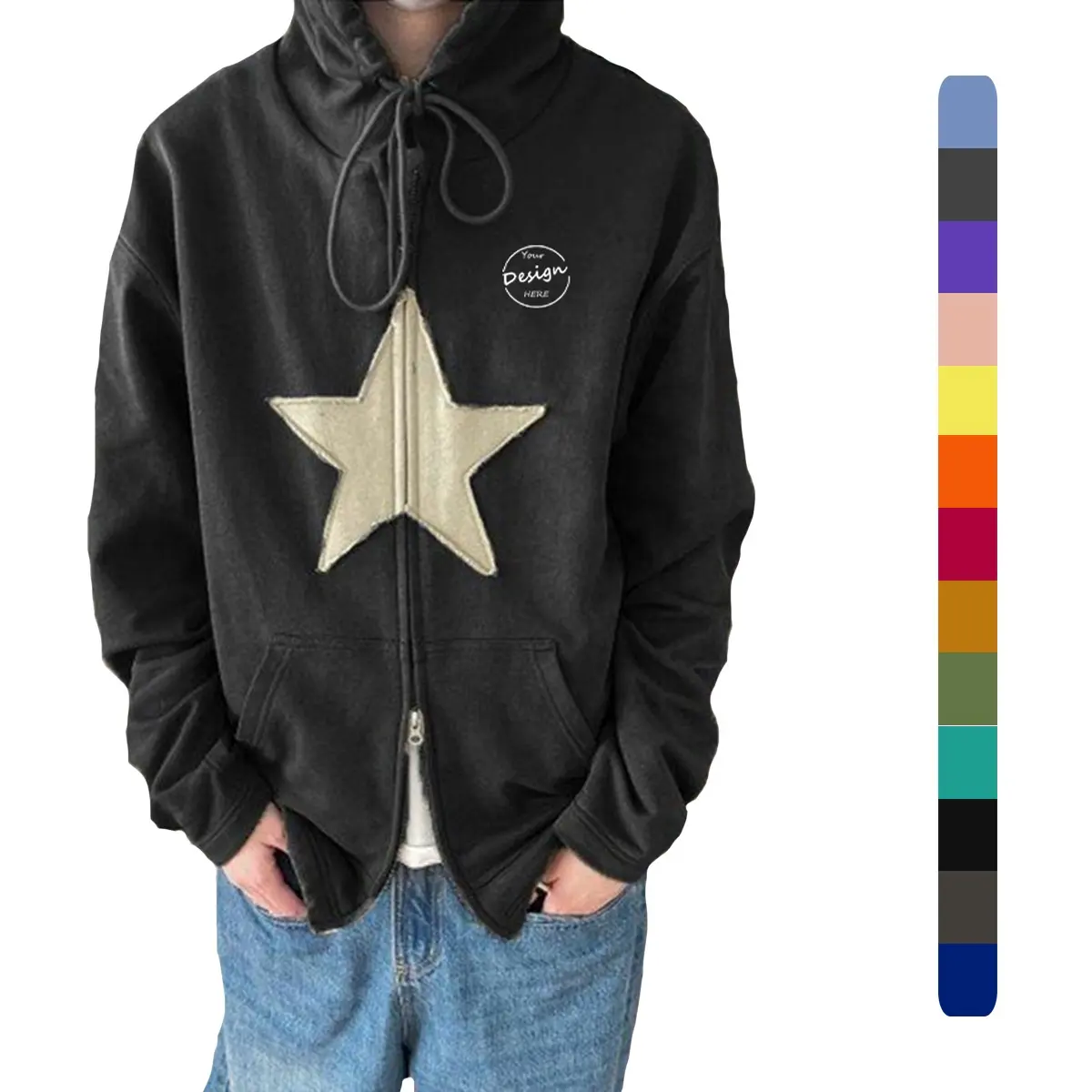 Custom Logo High Quality Pullover Hoodies Causal Creativity Black Color Stars Decoration Zip Up Hoodies Men Popular