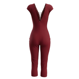 Viviblook J26JP095 Nouvelle combinaison d'été pour femme, moulante, sexy, à lacets, col en V, couleur unie, manches courtes - Product Image 6