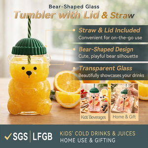 Botella de Agua de Vidrio Transparente con Diseño de Oso Adorable de 591ml/739ml con Tapa Verde para Café Helado y Smoothies - Product Image 2