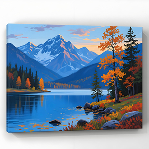 Impresión en lienzo de paisaje azul con montañas, lagos, árboles y un diseño decorativo sereno, adecuado para el hogar o la oficina - Product Image 3