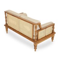 Sofá de lujo de madera de teca maciza de 2 plazas con cojines tapizados para sala de estar interior, salón o recibidor.