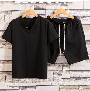 Liu Ming yeni kore moda bahar yaz erkekler rahat düz renk takım elbise pamuk keten 2 parça kısa kollu T Shirt şort takımı - Product Image 3