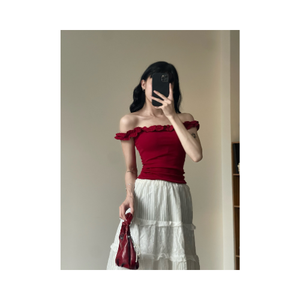 T-shirts décontractés pour femmes à faible MOQ, couleur unie, taille haute, coupe ajustée, haut compressé à épaules dénudées avec détail volanté, mode OEM/ODM - Product Image 2