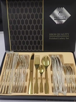 Vente en gros usine – Lot de 24 couverts dorés en acier inoxydable (couteaux, fourchettes, cuillères) pour service de table et fêtes, service 6 personnes