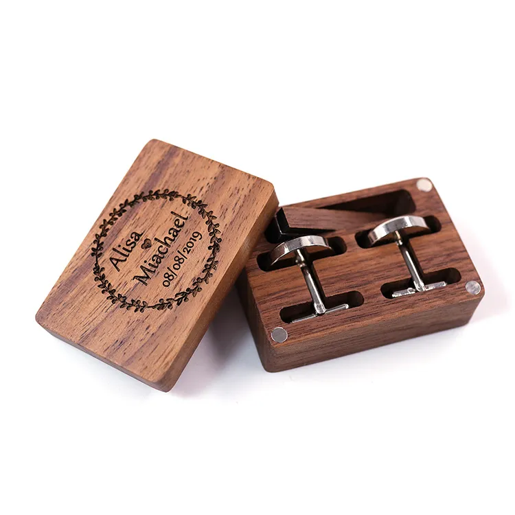Пользовательская гравировка логотипа, роскошный ореховый ящик для хранения, подарочная упаковка, деревянный зажим для галстука, коробка для запонок
