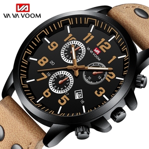 Montre chronographe de course pour homme, boîtier noir, accent doré, bracelet en cuir perforé, montre-bracelet de sport - Product Image 5