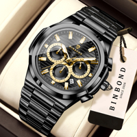 Montre chronographe sport pour homme BINBOND B466, cadran bleu clair, bracelet en acier, multifonction, calendrier, étanche, quartz.