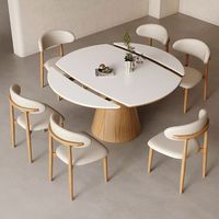 Table à manger moderne pliable et extensible en pierre frittée avec pieds en bois et 8 chaises pour usage domestique