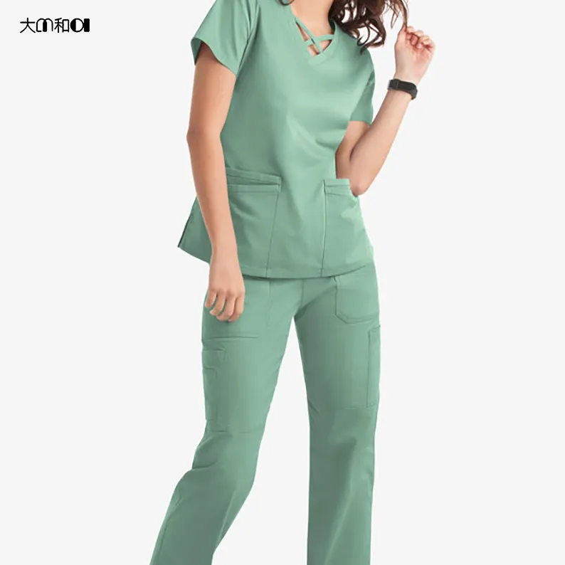 病院セットのブルーガウンモデル男性デザインスクラブセット女性スクラブセットファッショナブルな看護師ユニフォームパターン