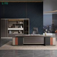 Luxury Dark Wood Contemporary Convertible Extendable Executive Office Desk with LED Wall Cabinet LIYU CEO Desk