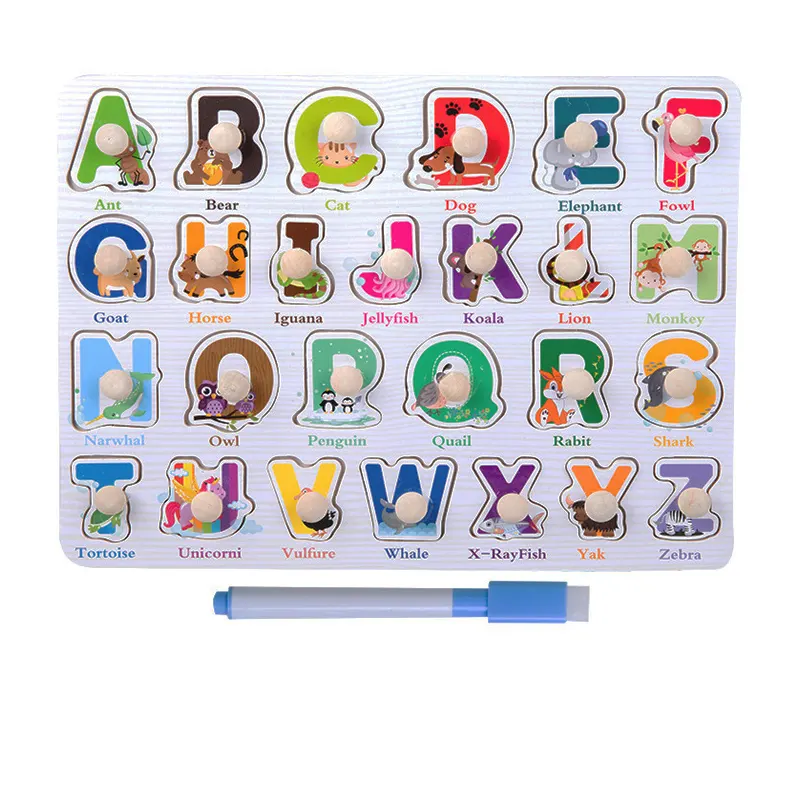 Mainan Puzzle alfabet pendidikan anak-anak, mainan Puzzle prasekolah montesori, permainan Puzzle kayu untuk anak-anak, kotak warna kustom uniseks
