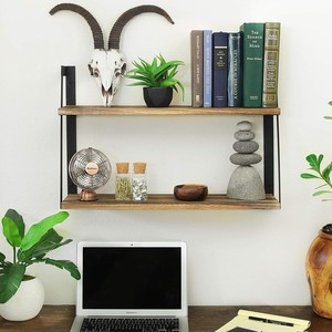 Double Layer Iron Wood <b>Wall</b> <b>Shelf</b> Solid Wood <b>Mounted</b> Bookshelf Storage Rack Living Room Decorative Organizer Multipurpose - Product Image 1