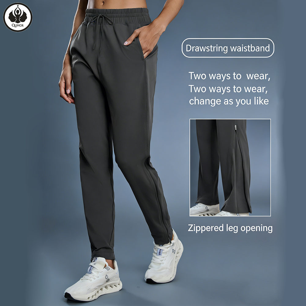 QUMOR Women Solid Color Versatile Yoga Pants Thin Breathable Quick Dry Eco-Friendly Drawstring Closure Casual Workout Running