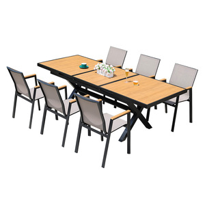 Garden Set <b>Outdoor</b> <b>Table</b> Chair Aluminum Frame <b>Plastic</b> Wood Stretch <b>Table</b> 6 Seater Contemporary Design Weather Resistant - Product Image 1