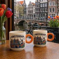 Ensemble de mini-tasses à café en céramique souvenirs d'Amsterdam, Pays-Bas, avec motifs moulin à vent et tulipe, en porcelaine fine, personnalisable OEM, vente en gros