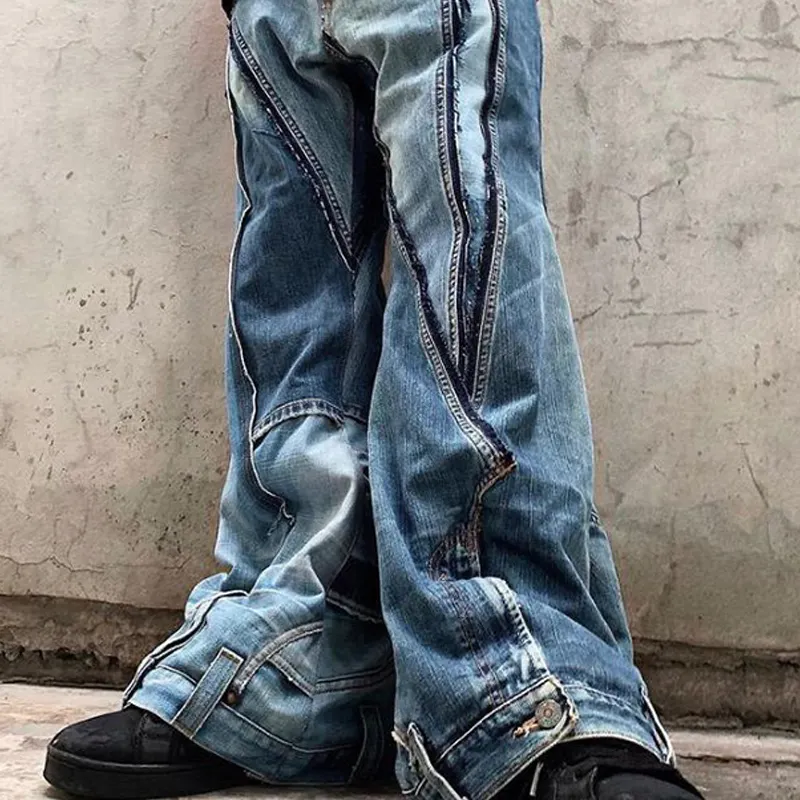 DiZNEW Hochwertige stilvolle Designer Custom Herren Ripped Destroyed Denim Patchwork lose ausgestellte Jeans