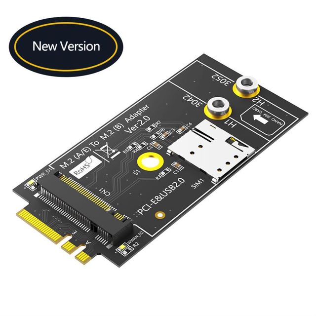 M.2 Key B to A+E Adapter Card with NANO SIM Card Slot for 3G/4G/5G LTE Module Support USB 2.0 / PCI-E M.2 B-Key 3042 3052 Card