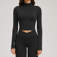 Ensemble de vêtements de sport pour femmes, en spandex/nylon, anti-transpiration, avec fermeture éclair, veste courte à manches longues, short taille haute (moulant), uni
