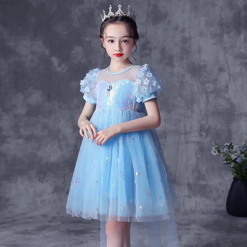 Estate manica corta stampa PrincessCos vestiti per bambini ragazze Anna Elsa Dress Girl Party Dress con mantello i bambini indossano abbigliamento