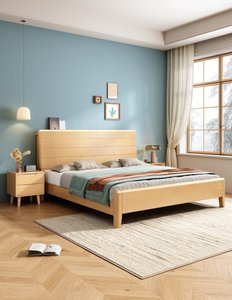 Base de Cama de Madera Maciza Natural de Alta Calidad, Cama Moderna con Cabecera de Paneles Horizontales para Dormitorio - Product Image 1