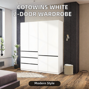 Cotowins White <b>Wardrobe</b> Closet 2 Door Wooden <b>Armoire</b> 2 Drawers Hanging Rod Bedroom- Storage Cabinet Modern Durable Eco-Friendly - Product Image 2