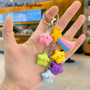 Rainbow Star Theme Fashion Rainbow Shooting Star Bead Keychains Bulk Colorful Rubber Charms Decor Llavero Self love Keychain