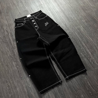 Celana Denim Kancing Katak Cina Unisex Custom, Jahitan Kontras, Model Baggy Wide Leg, Streetwear Vintage, Longgar, Hip Hop, Model Lengkung