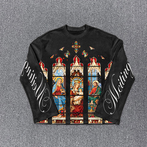 Camiseta con estampado de grafiti gráfico de gran tamaño para hombre, 100% de algodón, hombros caídos, manga larga, longitud corta, tejido térmico de gofres - Product Image 2
