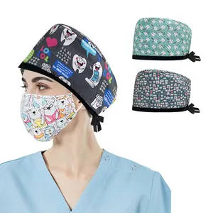 WD-A921 Clinic Dentist Head Hats Tooth All Over Hat Print Uniform Working Adjustable Ponytail Scrub Nurse Caps With Buttons