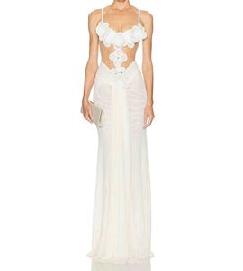 Vestido de <span class=keywords><strong>Alta</strong></span> <span class=keywords><strong>Costura</strong></span> para Mujer, 100% Blanco, Largo hasta el Suelo, Asimétrico, con Corsage de Encaje y Flores, Lujoso, Recto, Natural, Verano - Product Image 2