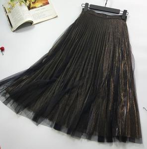 Ecowalson Fashion Vintage <strong>Silver</strong> Metal Casual Midi <strong>Skirt</strong> Elastic High Waist Long Pleated Mesh <strong>Skirts</strong> for Women - Product Image 4