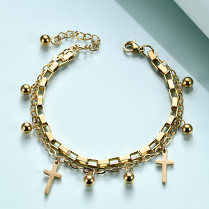 Pulsera de Doble Capa con Cruz, Chapada en Oro de 18K, Acero Inoxidable, Joyería de Moda Unisex, Diseño Geométrico AD1200 - Product Image 4