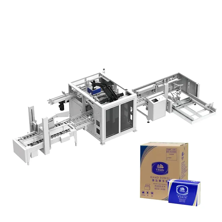 מכונת אריזת קרטון אוטומטית מלאה מכונת מילוי תיבת רובוט תעשייתי זרוע מוצרי סניטריים אריזת קופסא